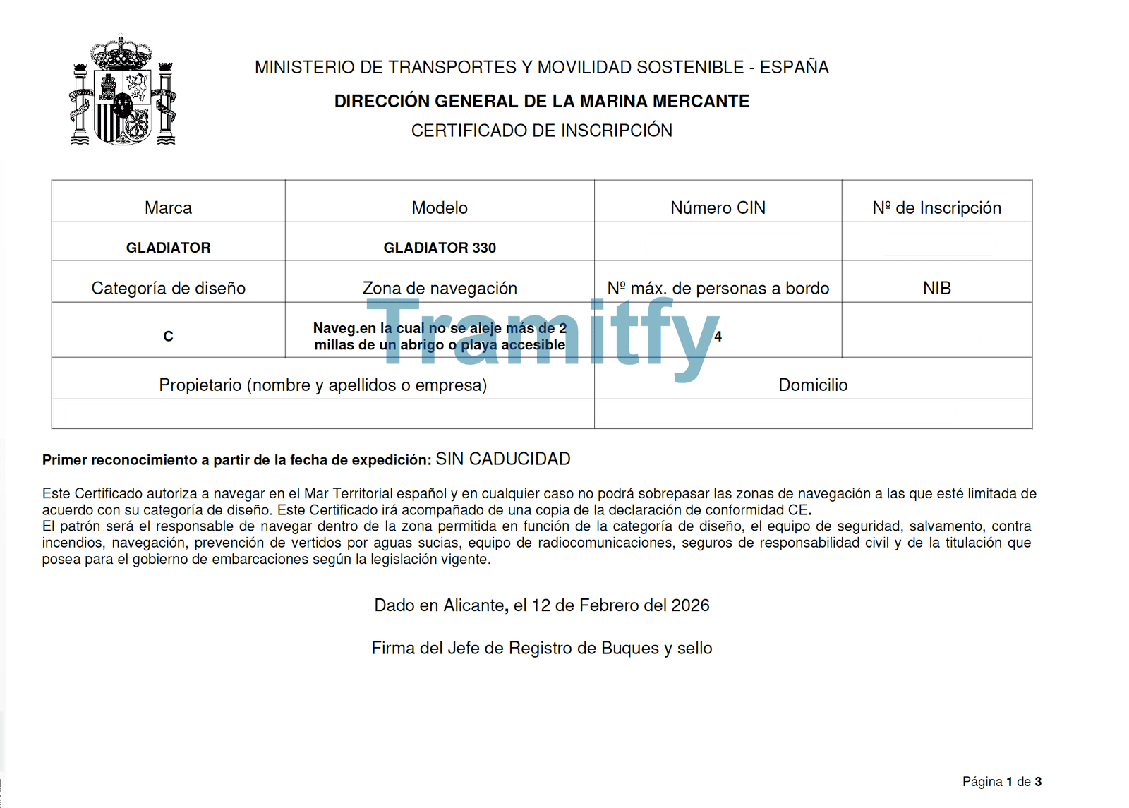Ejemplo de certificado de inscripción de una embarcación de recreo inscrita, emitido por Capitanía Marítima