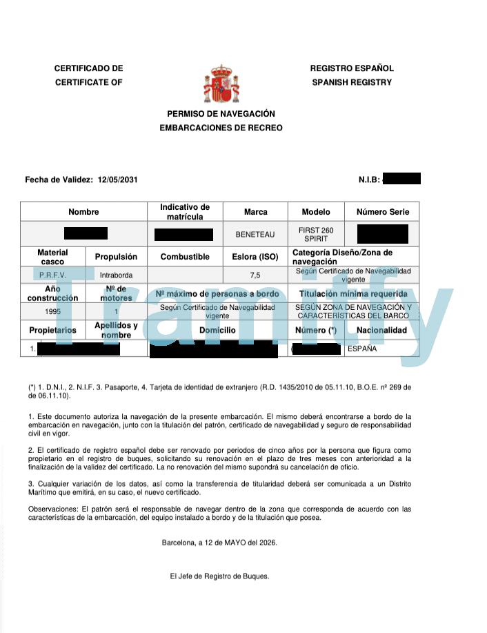 Permiso de navegación real de una embarcación de recreo, anonimizado
