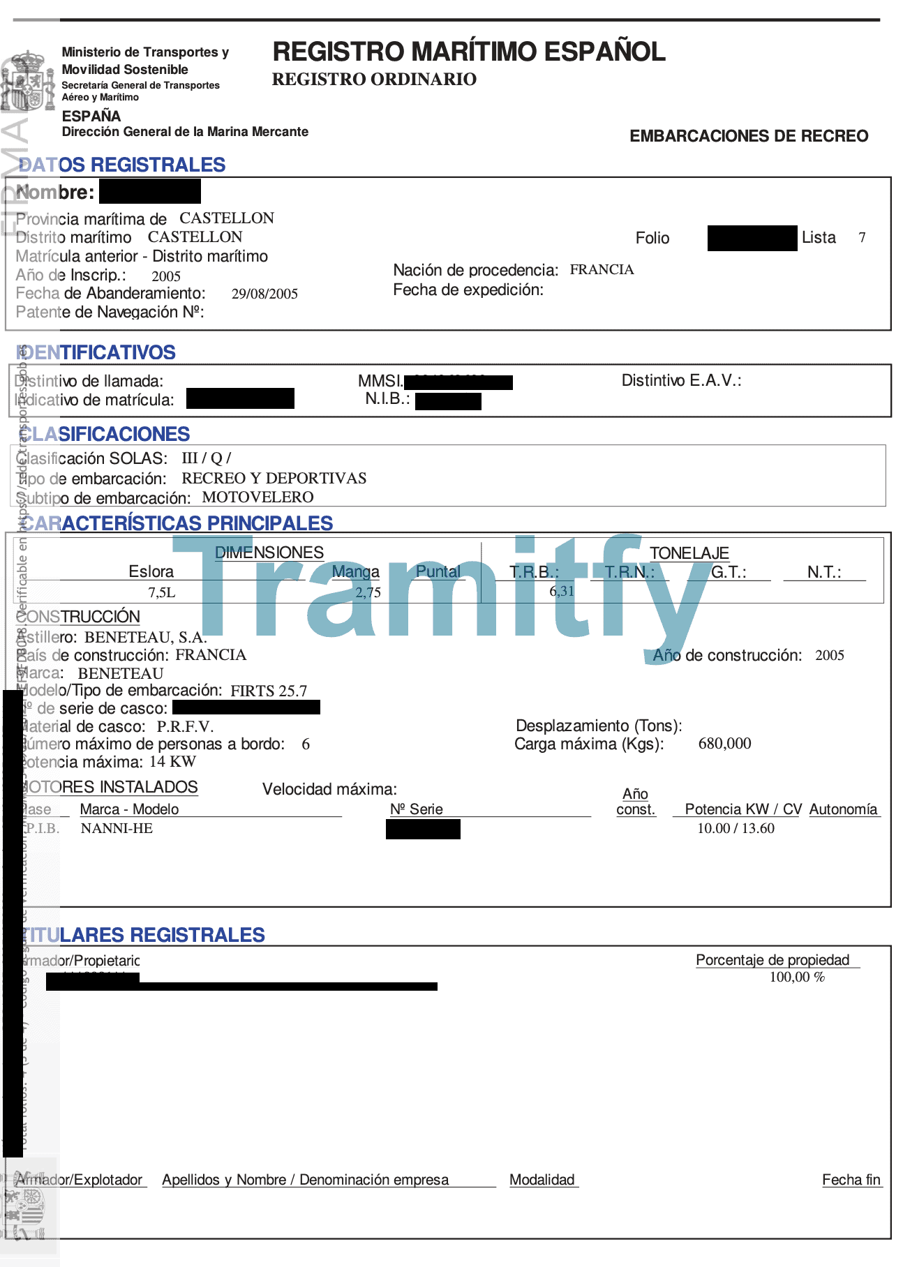 Documento del Registro Marítimo Español, anonimizado