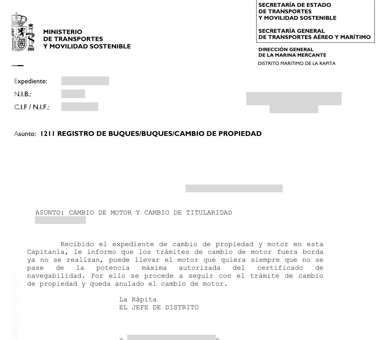 Oficio del Distrito Marítimo de La Ràpita anulando un cambio de motor fueraborda por no ser un trámite